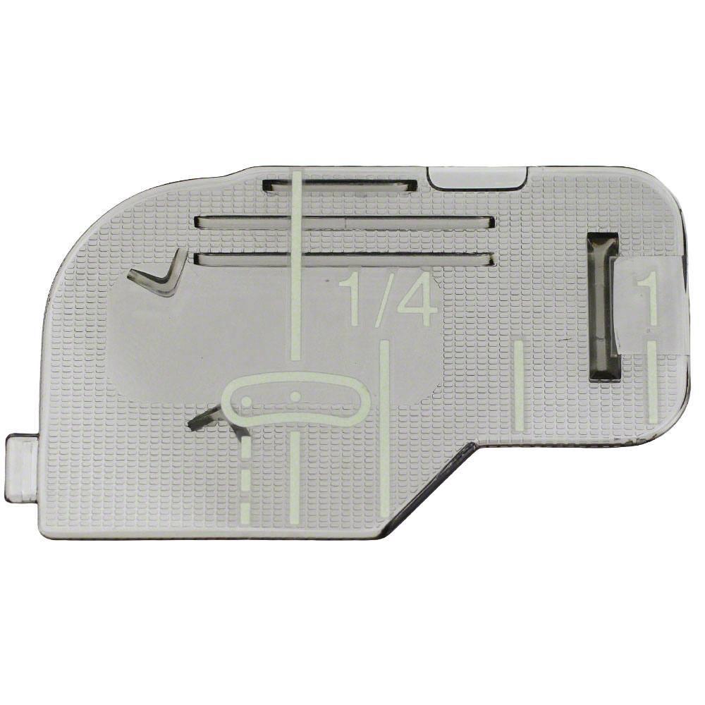 Baby Lock and Brother OEM needle plate with a quarter-inch seam guide marked on the plate, at Thread Works