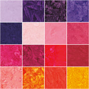 Expressions Batiks Hand-Dyes Sunset Sorbet 10" Stacker / layer-cake-size squares by Riley Blake Designs showing 42 precut 10" x 10" fabric squares for quilting and sewing