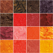Expressions Batiks Hand-Dyes Warm Glow 10" Stacker / layer-cake-size squares by Riley Blake Designs showing 42 precut 10" x 10" fabric squares for quilting and sewing