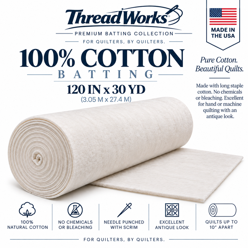 ThreadWorks Simply Cotton 100% Natural Cotton Quilt Batting Roll – 120" x 30 Yards