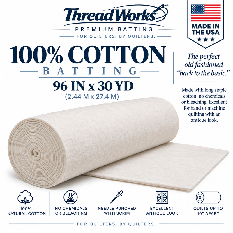 ThreadWorks Simply Cotton 100% Natural Cotton Quilt Batting Roll – 96" x 30 Yards