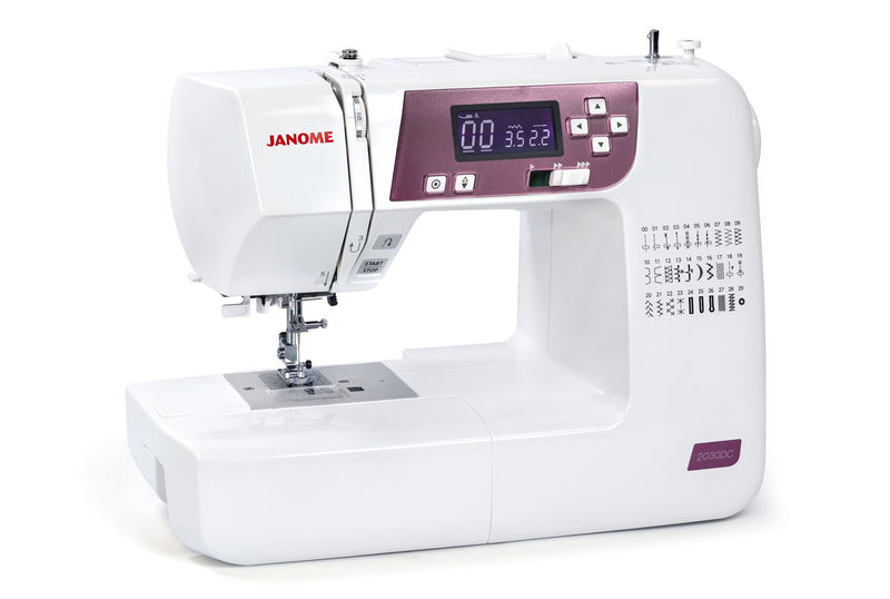 Janome 2030DC-G computerized sewing machine in grapevine purple front profile view showing the control dashboard.