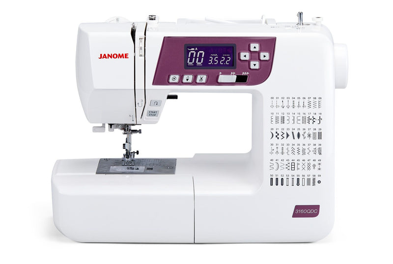 Janome 3160QDC-G computerized sewing and quilting machine in grapevine purple front view displaying the navigation layout.