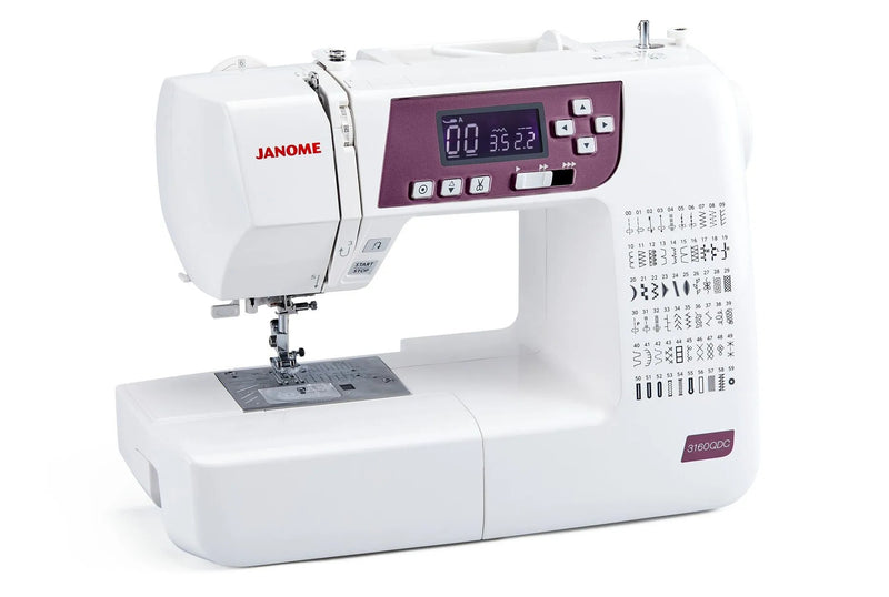 Janome 3160QDC-G computerized sewing and quilting machine in grapevine purple front view displaying the navigation layout.