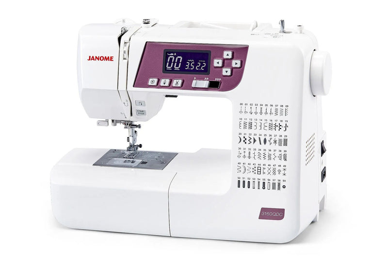 Janome 3160QDC-G computerized sewing and quilting machine in grapevine purple front view displaying the navigation layout.