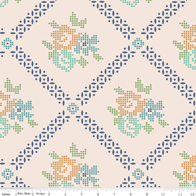 Lori Holt Mercantile Adore Blues 108" wideback quilt backing by Riley Blake Designs showing One 3-yard package of 107"/108"-wide quilting cotton for quilting and sewing