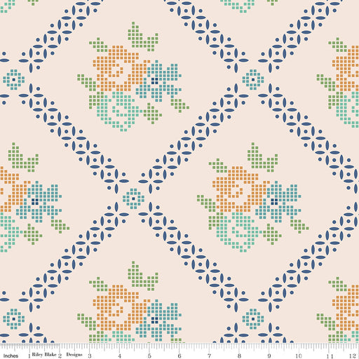 Lori Holt Mercantile Adore Blues 108" wideback quilt backing by Riley Blake Designs showing One 3-yard package of 107"/108"-wide quilting cotton for quilting and sewing