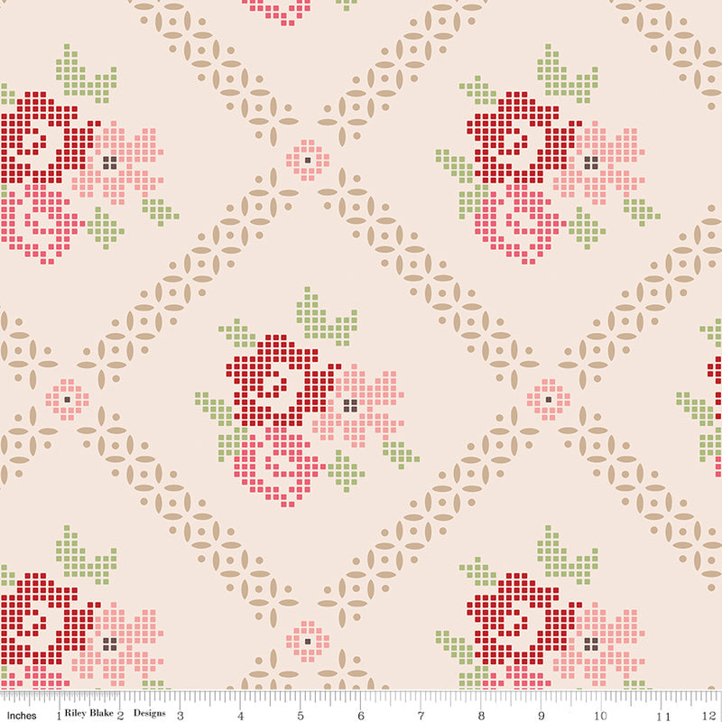 Lori Holt Mercantile Adore Pinks 108" wideback quilt backing by Riley Blake Designs showing One 3-yard package of 107"/108"-wide quilting cotton for quilting and sewing