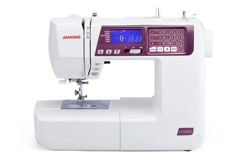 Janome 4120QDC-G computerized sewing and quilting machine in grapevine purple front view displaying the stitch index chart