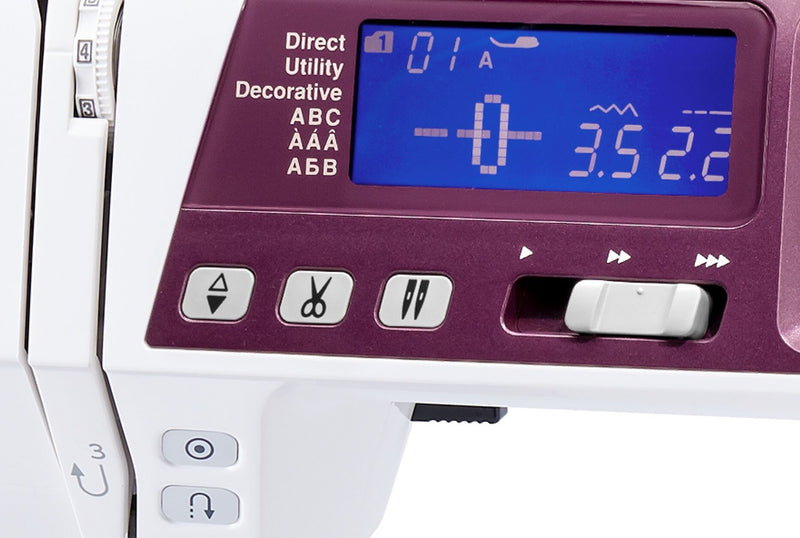 Janome 4120QDC-G computerized sewing and quilting machine in grapevine purple front view displaying the stitch index chart