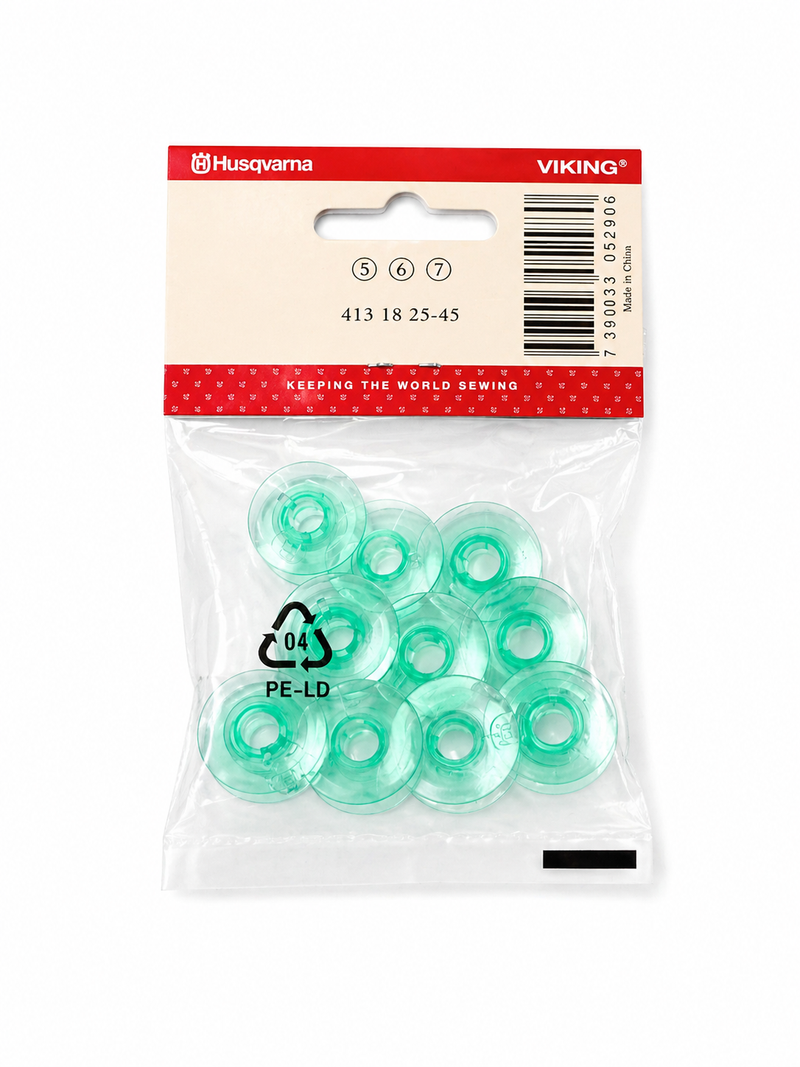 Husqvarna Viking Bobbins (Green) – 10 Pack | OEM J Class | Fits Designer, Sapphire, Topaz