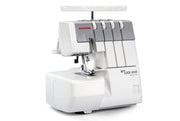Janome MyLock 454D overlock serger front view showing the color-coded threading map and tension dials.