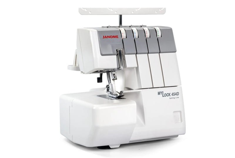 Janome MyLock 454D overlock serger front view showing the color-coded threading map and tension dials.