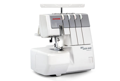 Janome MyLock 454D overlock serger front view showing the color-coded threading map and tension dials.