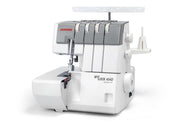 Janome MyLock 454D overlock serger front view showing the color-coded threading map and tension dials.
