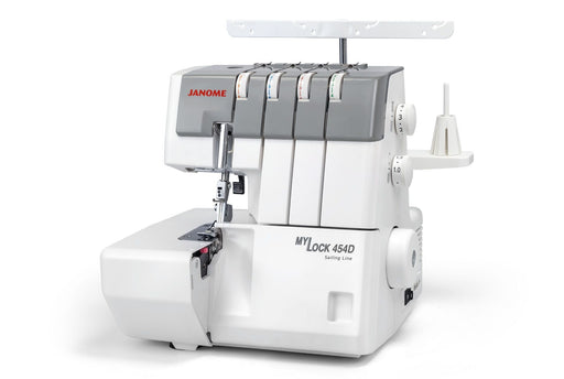 Janome MyLock 454D overlock serger front view showing the color-coded threading map and tension dials.