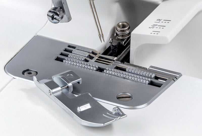Janome MyLock 454D overlock serger front view showing the color-coded threading map and tension dials.
