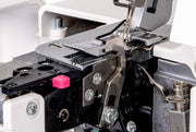 Janome MyLock 454D overlock serger front view showing the color-coded threading map and tension dials.