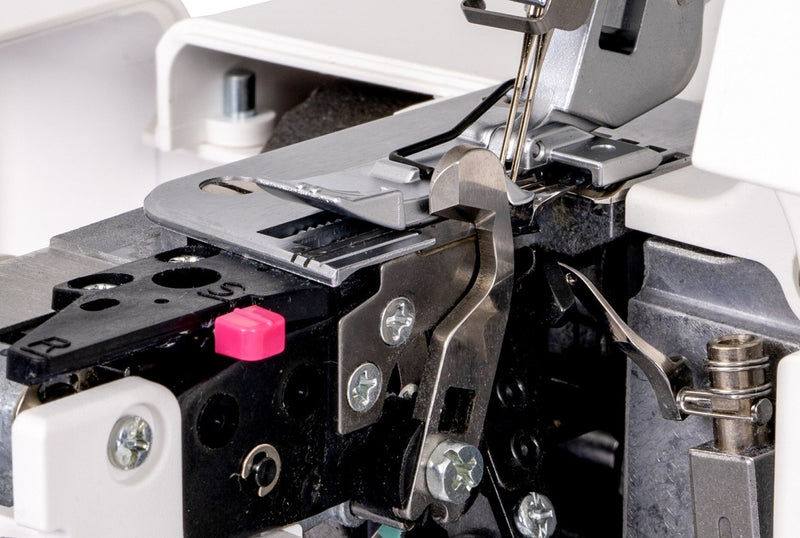 Janome MyLock 454D overlock serger front view showing the color-coded threading map and tension dials.