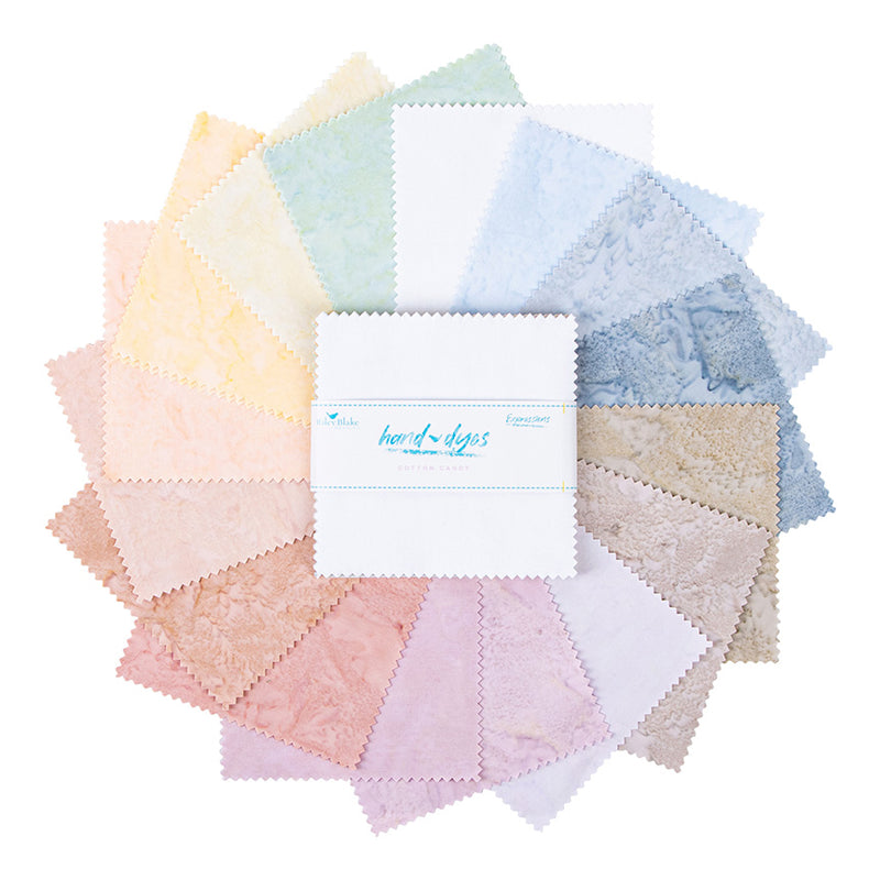 Expressions Batiks Hand-Dyes Cotton Candy 5" Stacker / charm-square-size precuts by Riley Blake Designs showing 42 precut 5" x 5" fabric squares for quilting and sewing
