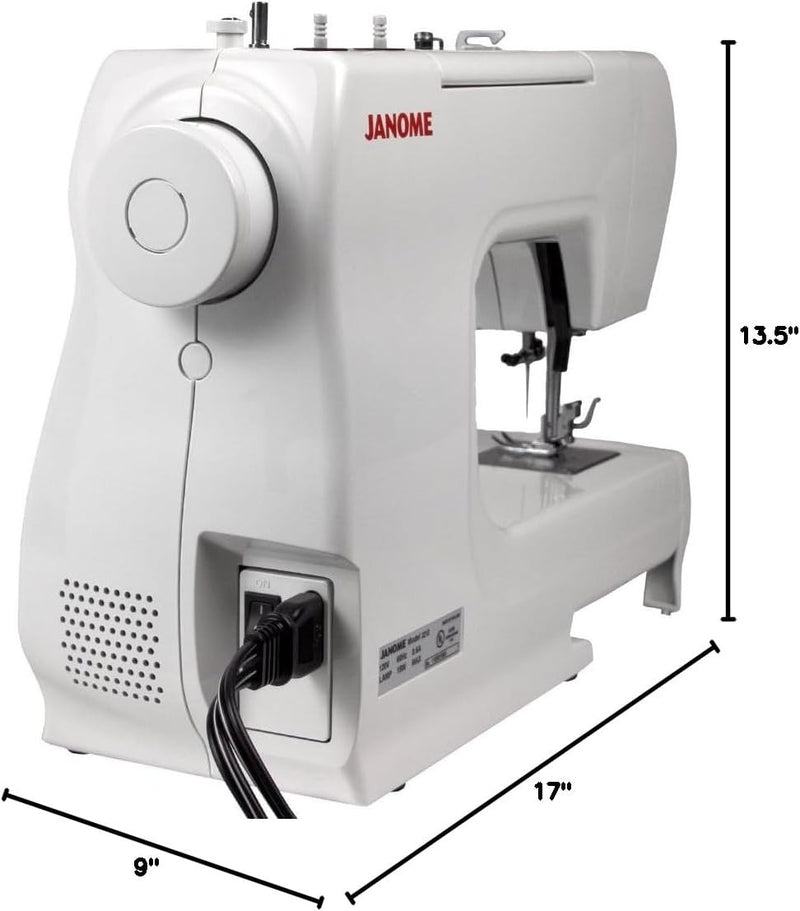 Janome 2212 mechanical sewing machine front view showcasing the stitch selection dial and clean white design.