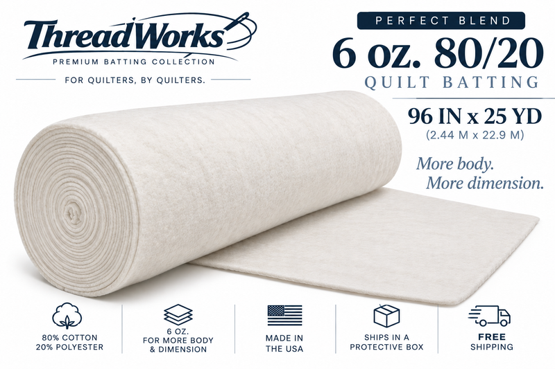 ThreadWorks Perfect Blend 6 oz 80/20 quilt batting roll, 96 inch x 25 yards, made in USA