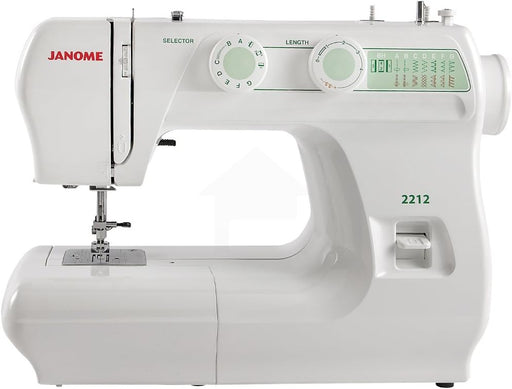 Janome 2212 mechanical sewing machine front view showcasing the stitch selection dial and clean white design.