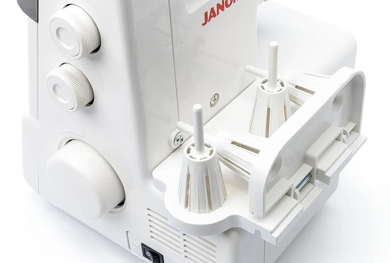 Janome MyLock 654D 4-thread overlock serger front view showcasing the color-coded threading guide and tension dials.