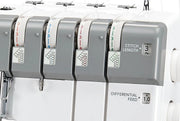 Janome MyLock 654D 4-thread overlock serger front view showcasing the color-coded threading guide and tension dials.