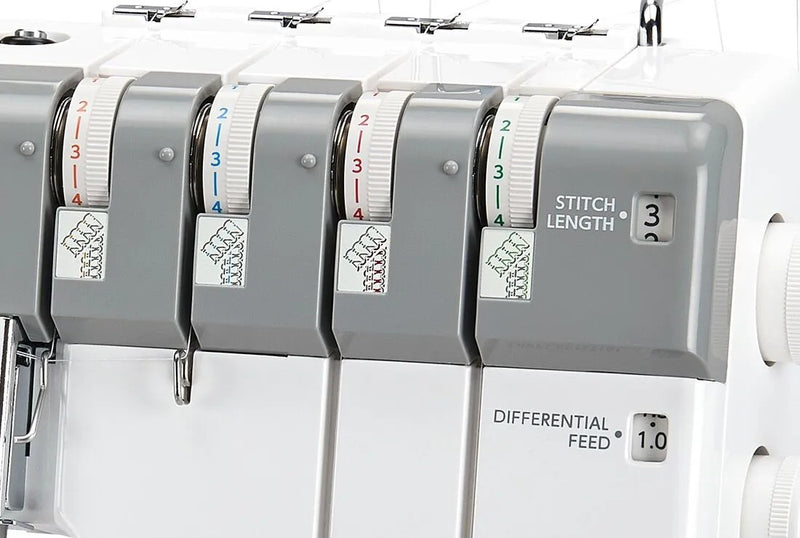 Janome MyLock 654D 4-thread overlock serger front view showcasing the color-coded threading guide and tension dials.