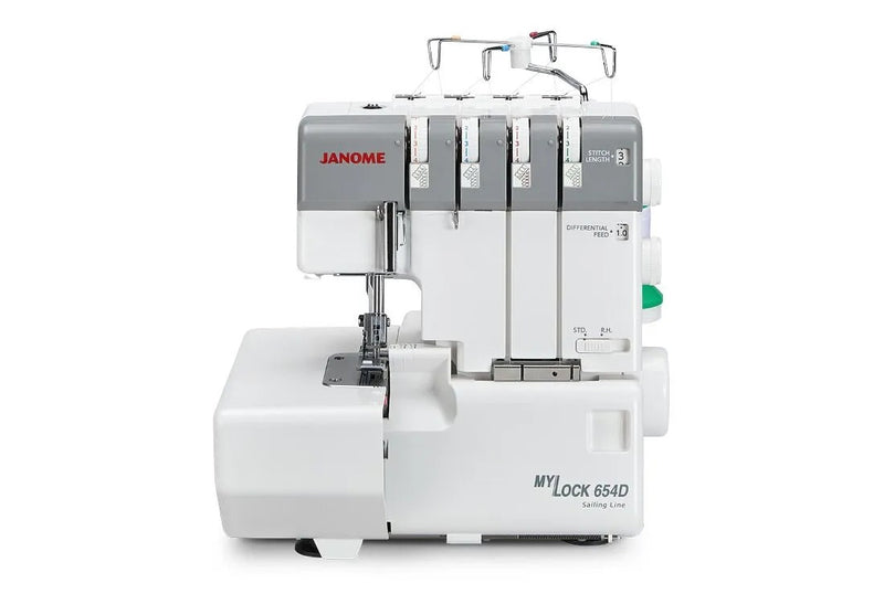 Janome MyLock 654D 4-thread overlock serger front view showcasing the color-coded threading guide and tension dials.
