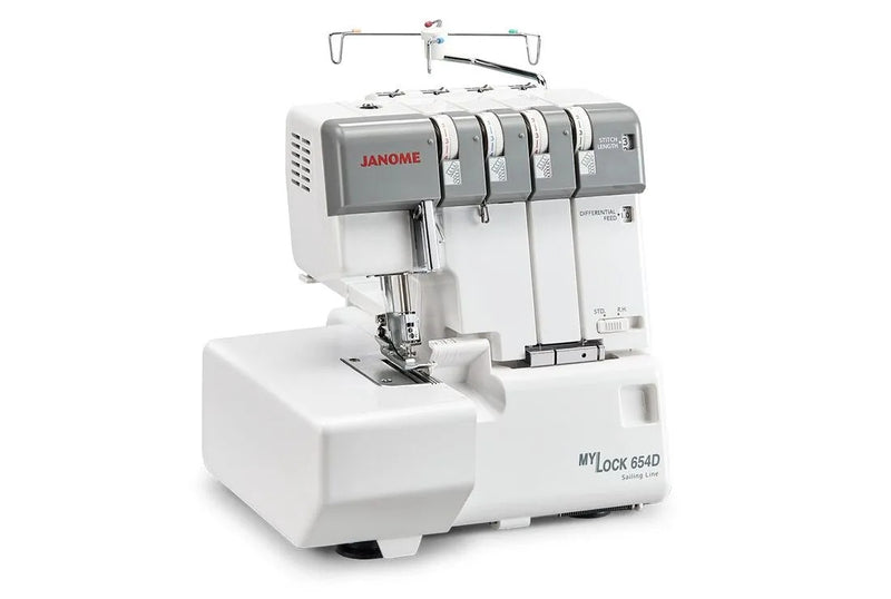 Janome MyLock 654D 4-thread overlock serger front view showcasing the color-coded threading guide and tension dials.