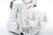 Janome MyLock 654D 4-thread overlock serger front view showcasing the color-coded threading guide and tension dials.
