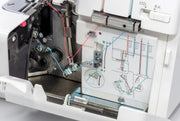 Janome MyLock 654D 4-thread overlock serger front view showcasing the color-coded threading guide and tension dials.
