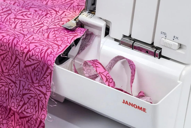 Janome MyLock 654D 4-thread overlock serger front view showcasing the color-coded threading guide and tension dials.