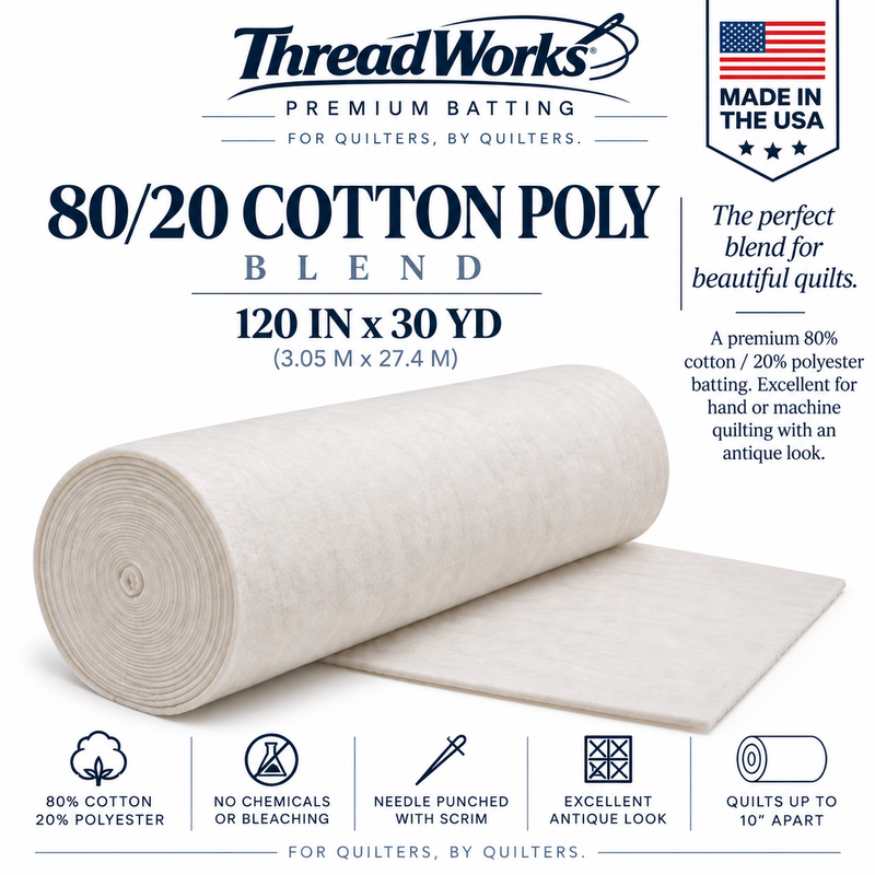 ThreadWorks Soft & Elegant 80/20 Quilt Batting Roll – 120" x 30 Yards