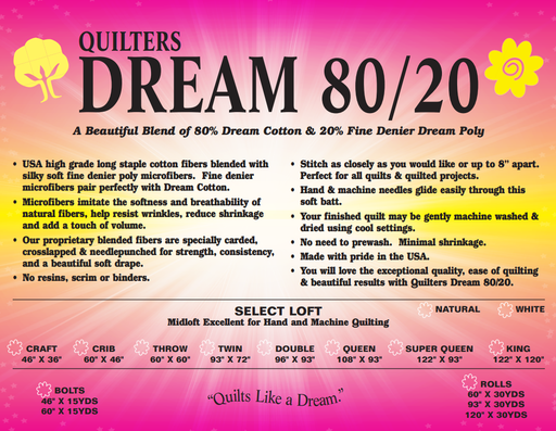 Quilters Dream 80/20 white cotton poly blend quilt batting package on white background