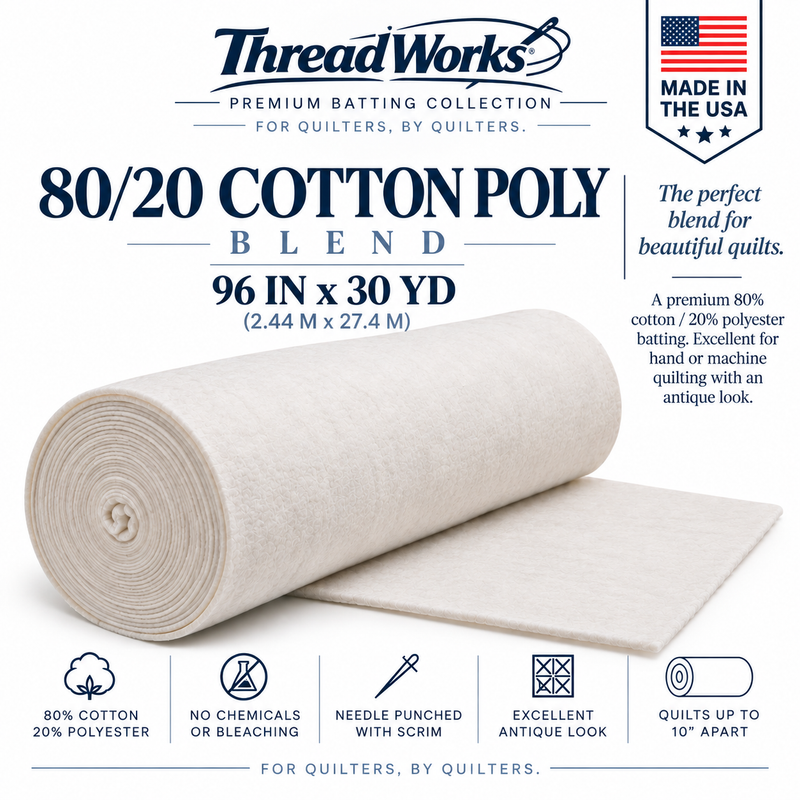 ThreadWorks Soft & Elegant 80/20 Quilt Batting Roll – 96" x 30 Yards