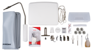 Janome reference photo: HD9QC Professional standard accessories, including extension table, knee lifter, foot control and presser feet
