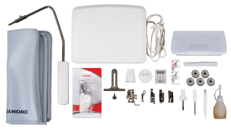 Janome reference photo: HD9QC Professional standard accessories, including extension table, knee lifter, foot control and presser feet