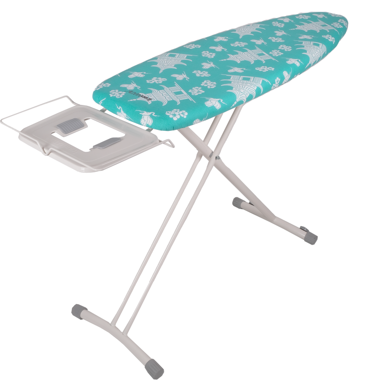 ironMATIK Space Surfer Pagoda Blue ironing board with patterned cover and iron rest