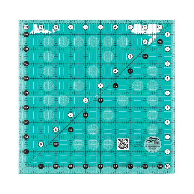 Creative Grids CGR10 ten and a half inch square quilt ruler showing black and white grid lines.