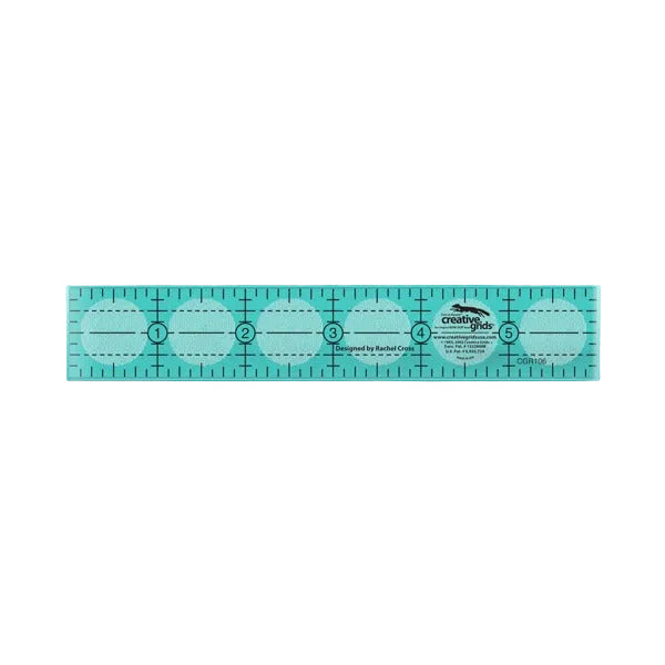 Creative Grids CGR106 one by six inch rectangle acrylic quilt ruler showing black and white lines.