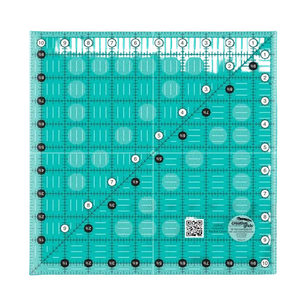 Creative Grids CGR10 ten and a half inch square quilt ruler showing black and white grid lines.