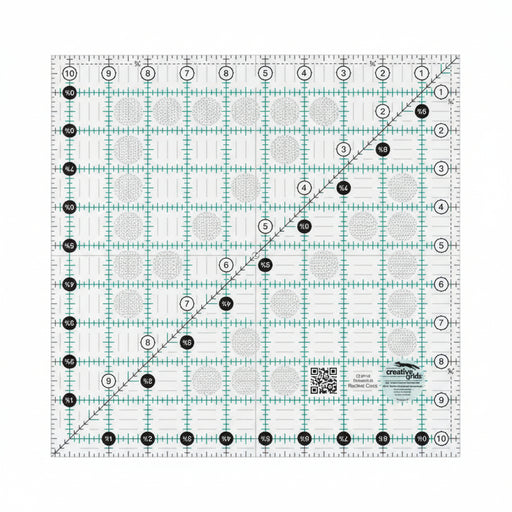Creative Grids CGR10 ten and a half inch square quilt ruler showing black and white grid lines.