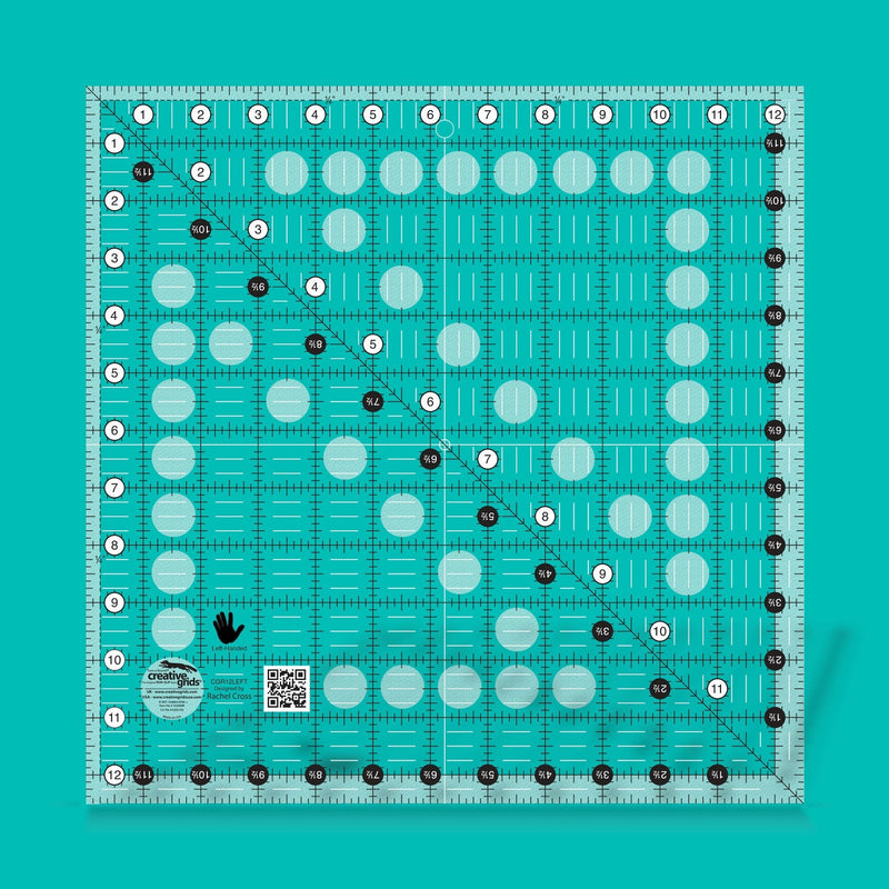 Creative Grids CGR12LEFT twelve and a half inch left handed square quilt ruler displaying right to left numbers.