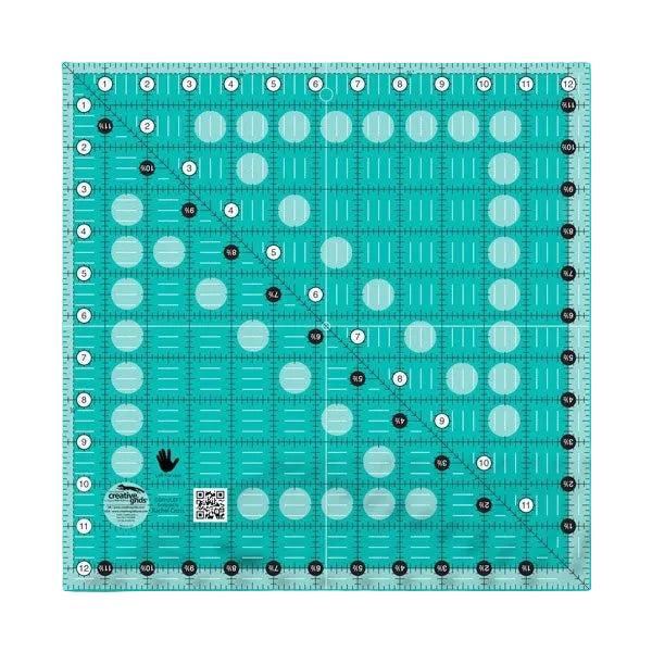Creative Grids CGR12LEFT twelve and a half inch left handed square quilt ruler displaying right to left numbers.