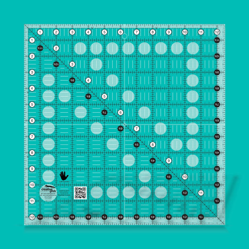 Creative Grids CGR12LEFT twelve and a half inch left handed square quilt ruler displaying right to left numbers.