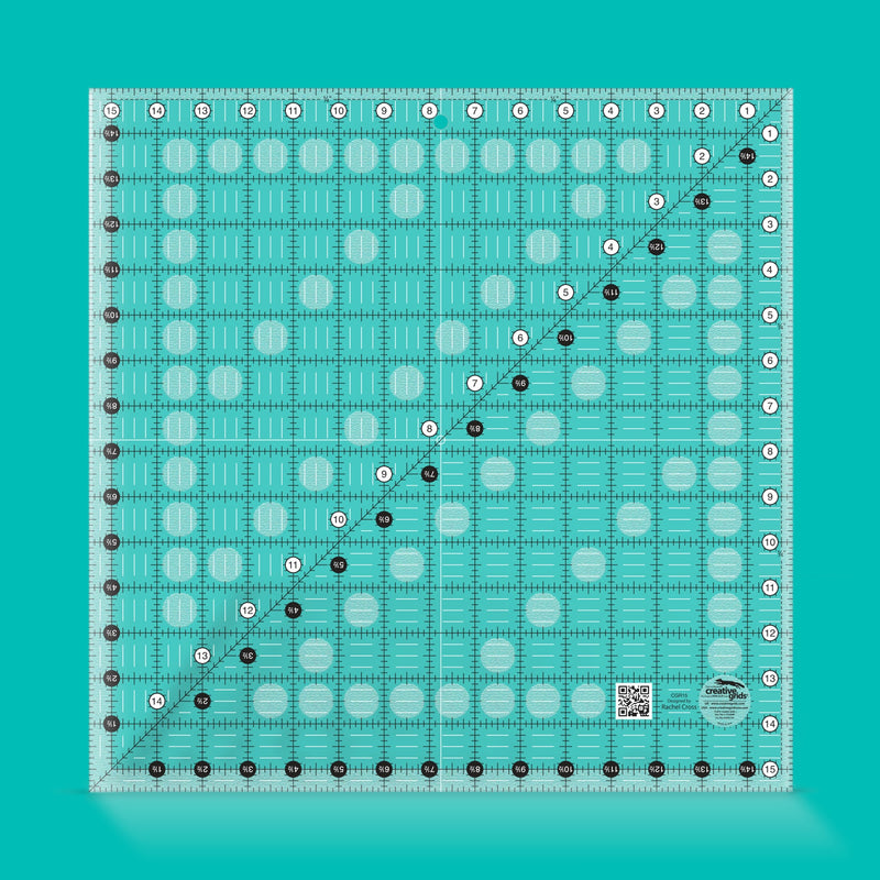 Creative Grids CGR15 fifteen and a half inch extra large square quilt ruler with non slip grip ring markings.