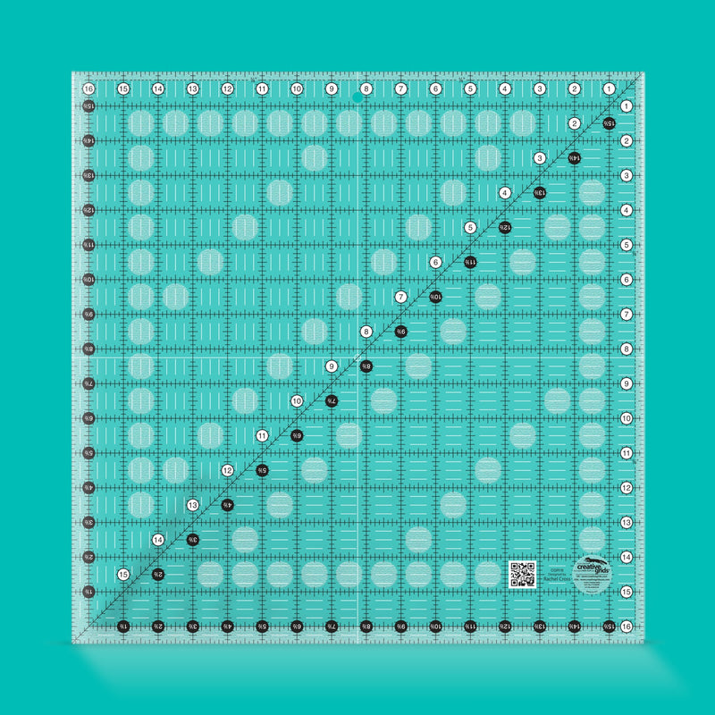 Creative Grids CGR16 sixteen and a half inch extra large square quilt ruler showing non slip grip ring markings.